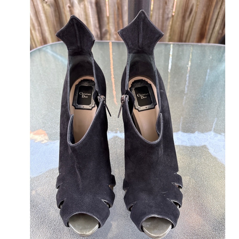 Christian Dior Black Suede Peep Toe Ankle Boots Bronze Heel CA 04-10 Size 39